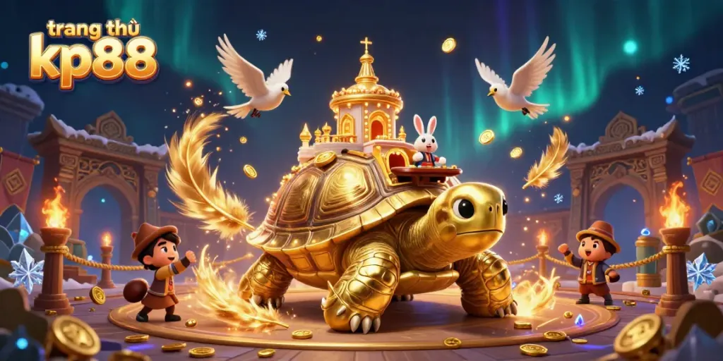 Experience the dynamic scene of trang chủ kp88, featuring a golden tortoise casino and vibrant characters.