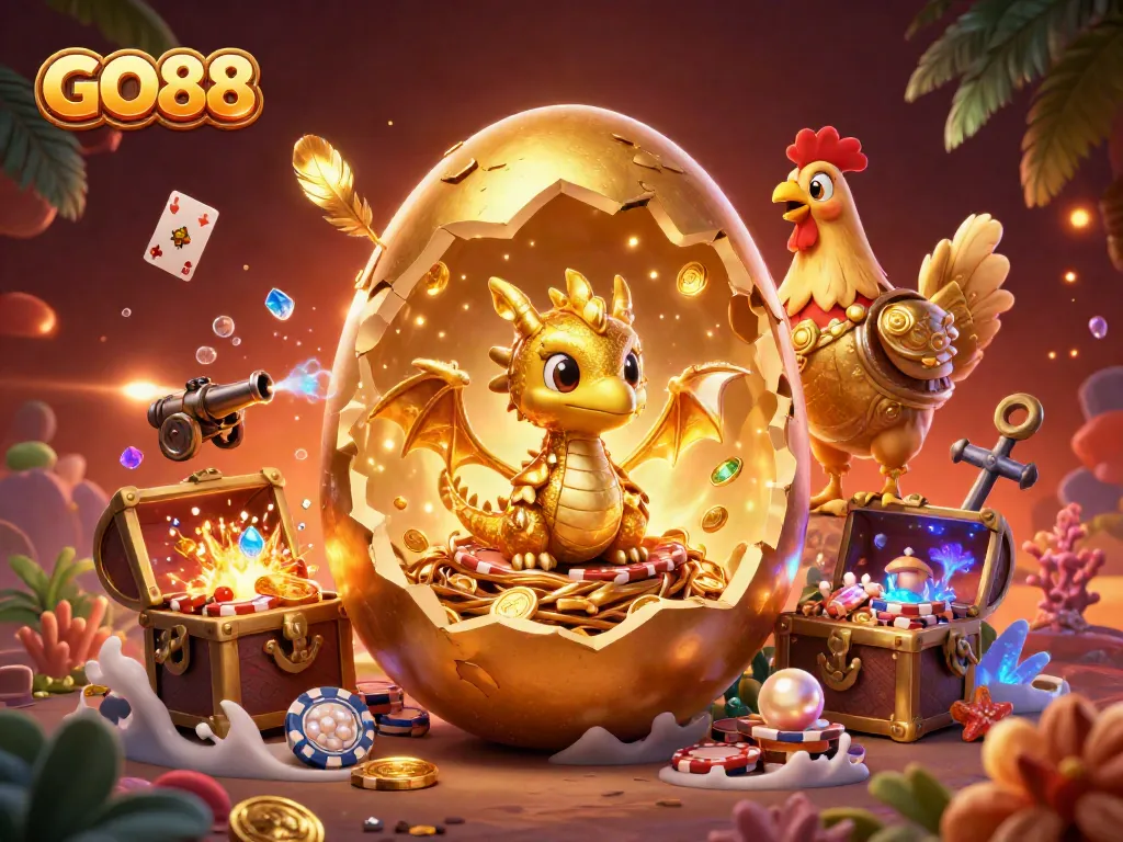 Experience the thrill of GO88 with an enchanting golden dragon and poker chips in this vibrant 3D casino illustration.