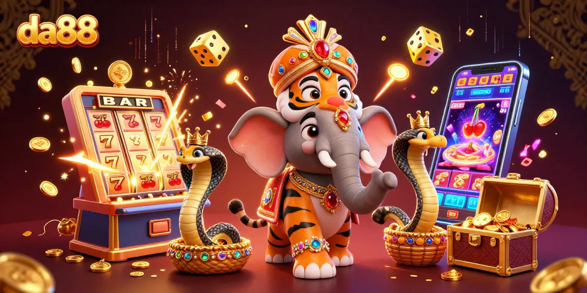Spin the reels with da88 in a vibrant casino scene featuring a royal elephant and treasure!