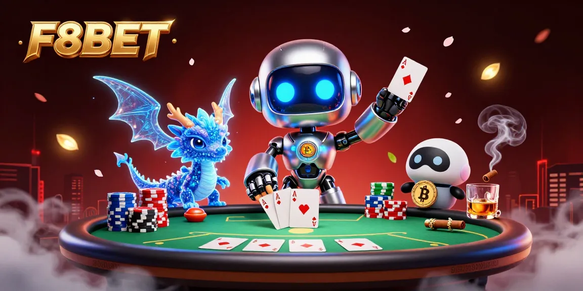 Engage in thrilling F8BET poker action surrounded by dynamic 3D characters and vibrant casino elements.