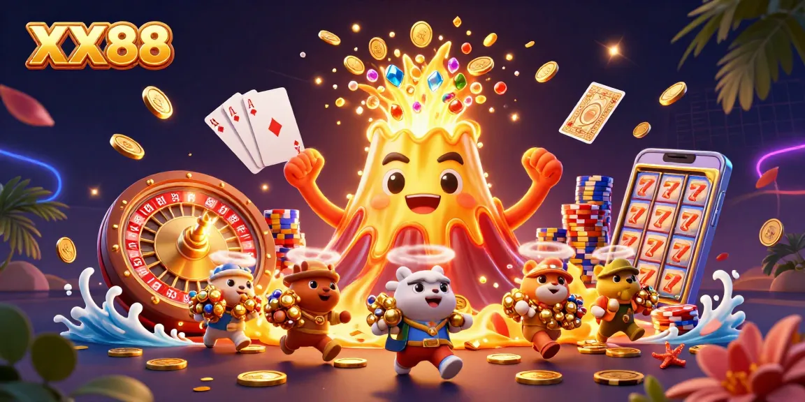Experience the thrill of XX88 as a triumphant golden volcano erupts treasures in this dynamic casino scene.