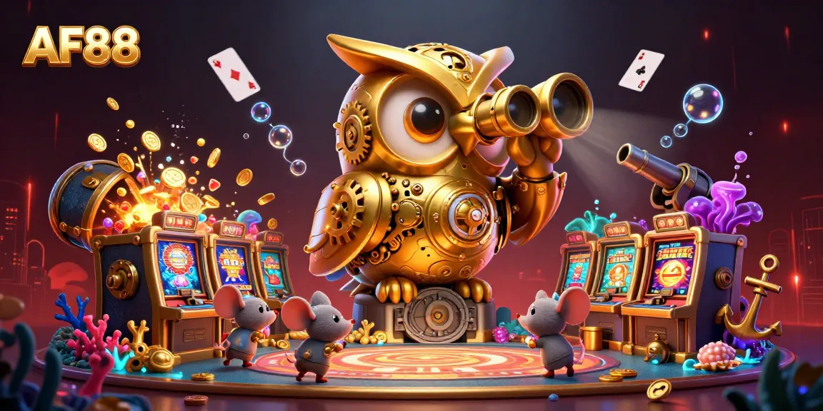 Experience thrilling casino betting at AF88 with a golden owl overseeing vibrant game activities.