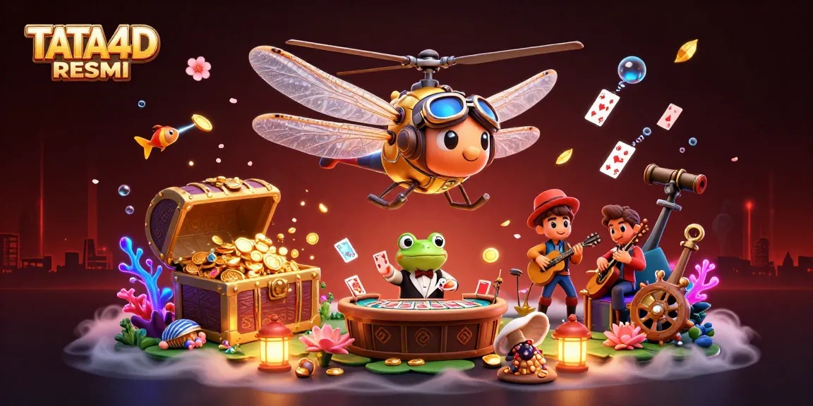 TATA4D RESMI showcases a vibrant 3D illustration with a dragonfly pilot, frog dealer, and jazz musicians in a lively casino setting.