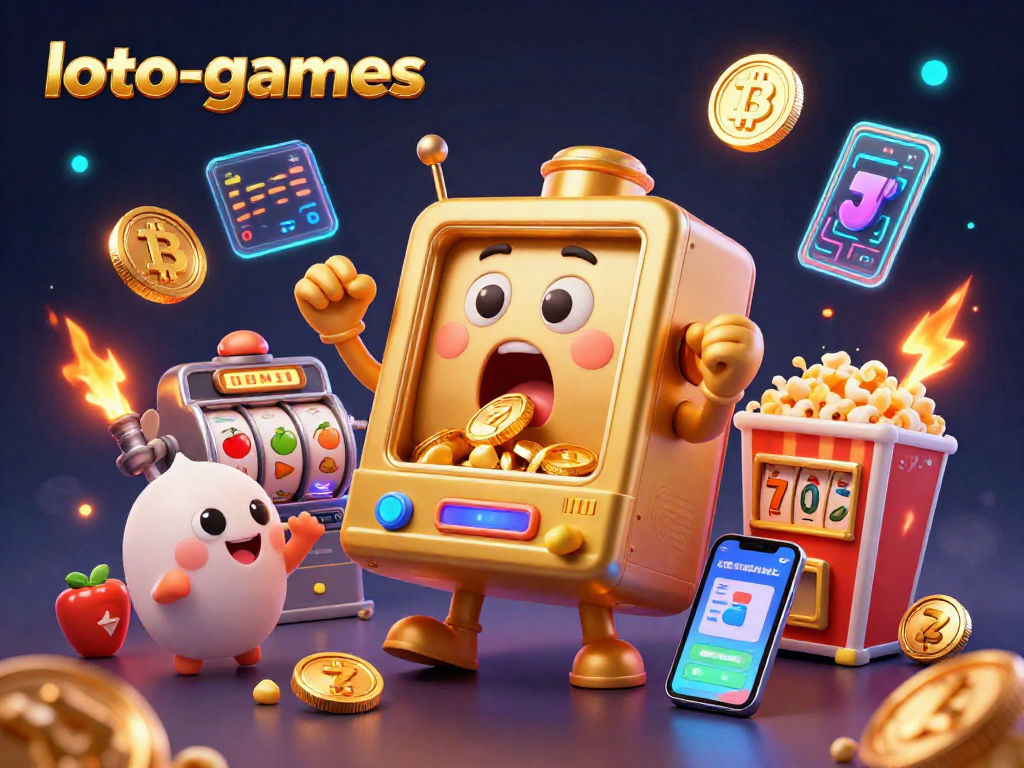 Experience the excitement of loto-games with a golden slot machine jackpot scene filled with crypto elements and vibrant visuals.