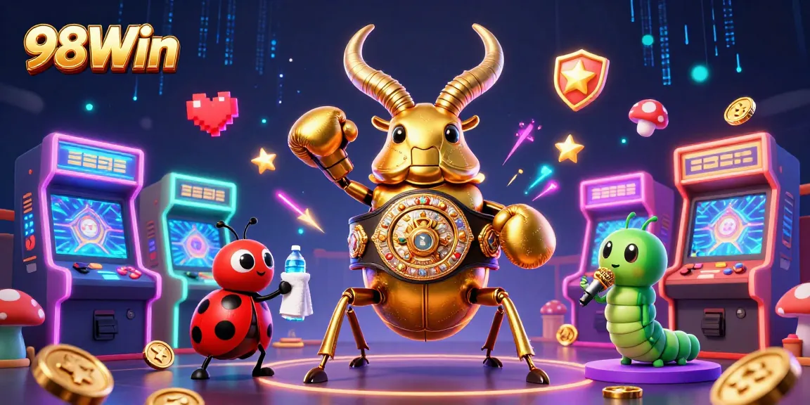 Engage in thrilling slots at 98Win with vibrant arcade visuals, showcasing fun characters and games.