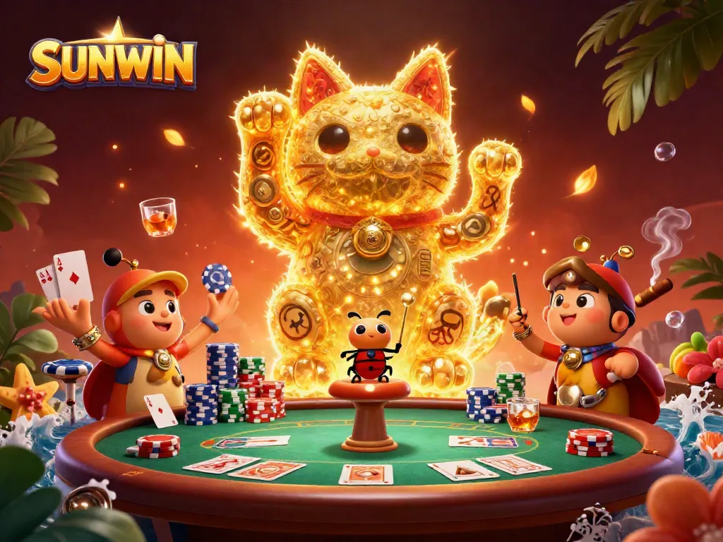 Engage with SUNWIN's vibrant 3D casino experience featuring a lucky cat and poker elements.