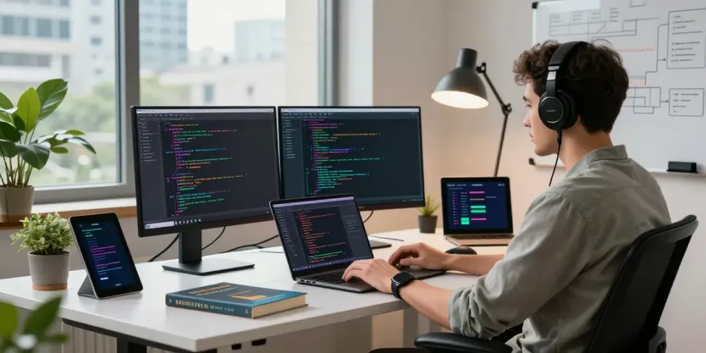 Web developer coding with instant indexing tools in a modern workspace