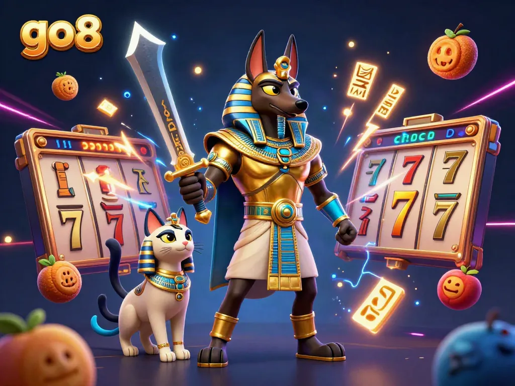 Experience go8 slots with Anubis and Bastet amid jackpot symbols and vibrant atmosphere.