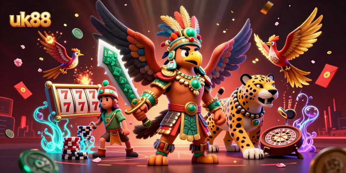 Experience the excitement of uk88 in this vivid 3D casino scene with warriors, slot reels, and more.