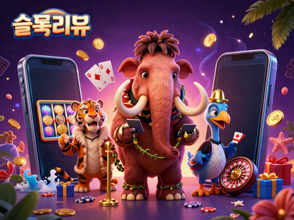 Engage with the vibrant world of 슬롯리뷰 featuring a lively casino scene with colorful slots and characters.