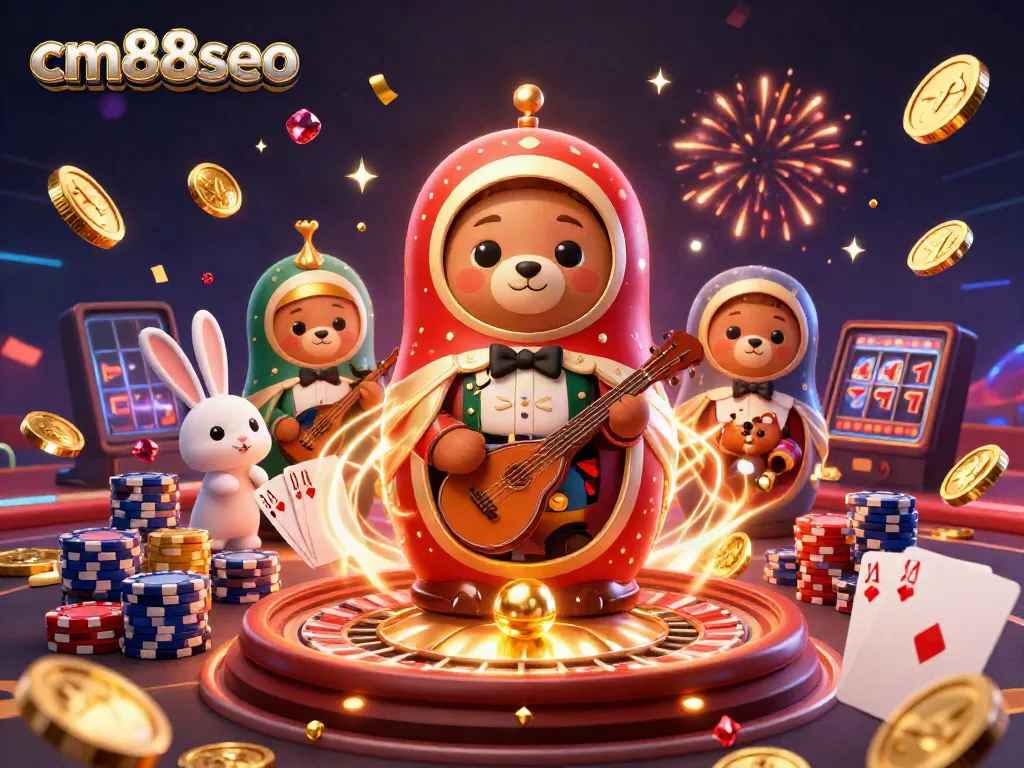 Engage with the vibrant atmosphere of cm88seo's casino world as cute cartoon bears and a singing rabbit celebrate wins.