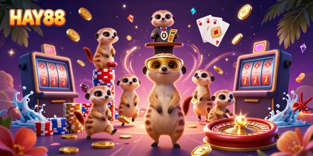Experience HAY88's vibrant casino atmosphere featuring a meerkat pit boss and dynamic game action.