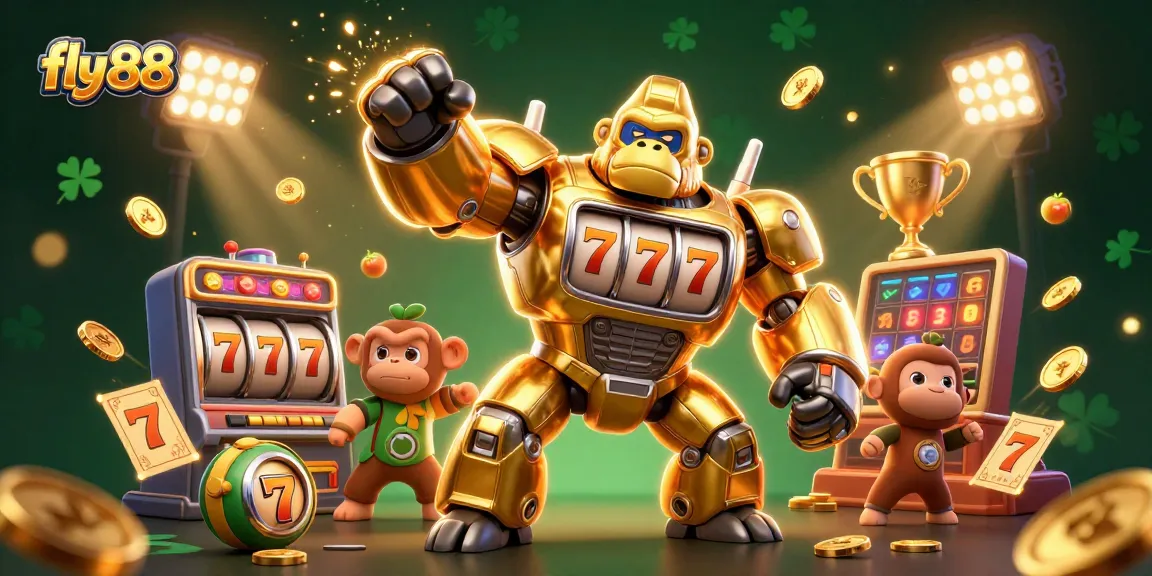 Engage with fly 88's thrilling slot machine adventure featuring a golden gorilla mech amidst coins and fruit symbols.