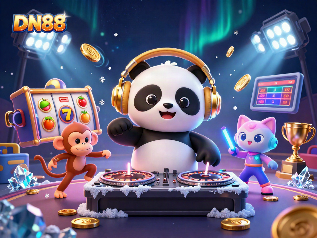 Engage with DN88 in an exciting casino-themed scene featuring a DJ panda, breakdancing monkey, and rave kitten.