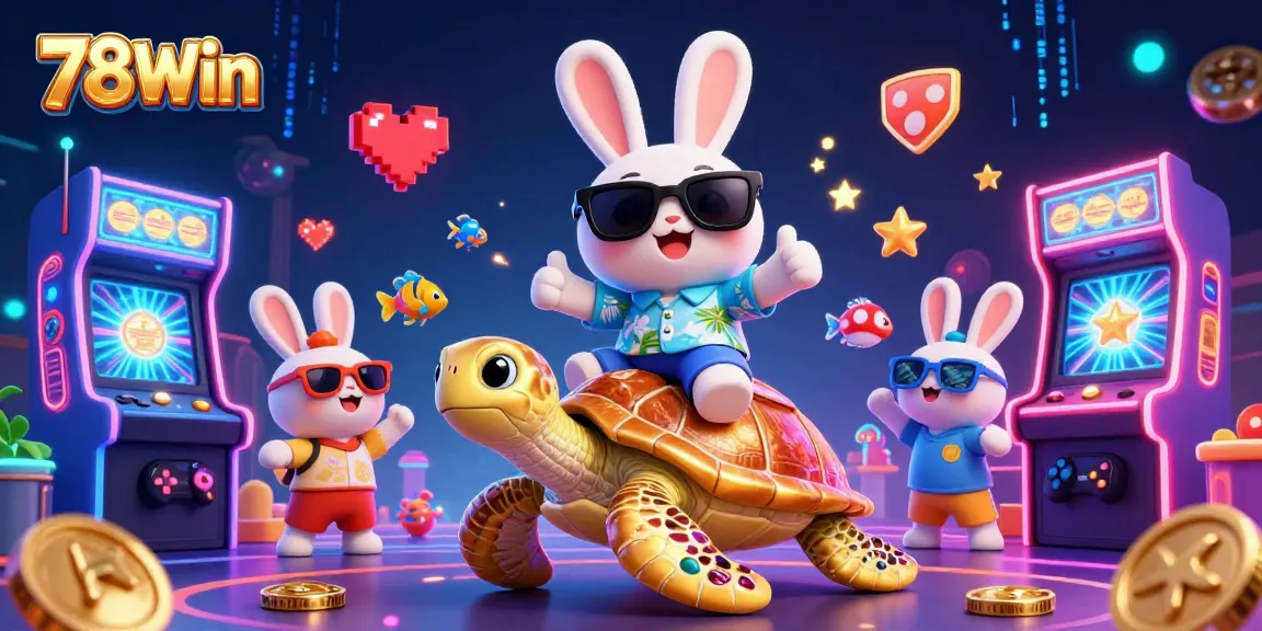 Engage in thrilling gameplay at 78Win with vibrant casino-themed illustration featuring a cheerful lucky rabbit and a golden sea turtle.