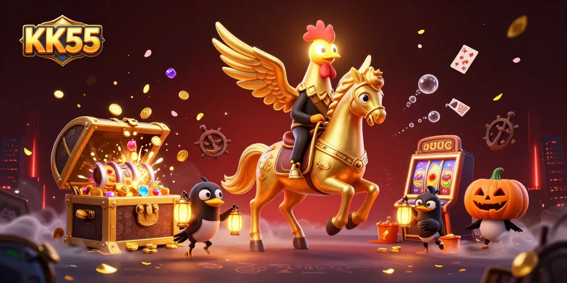 Engage with KK55's exciting gaming experience featuring gold coins, a golden rooster, and vivid casino elements.