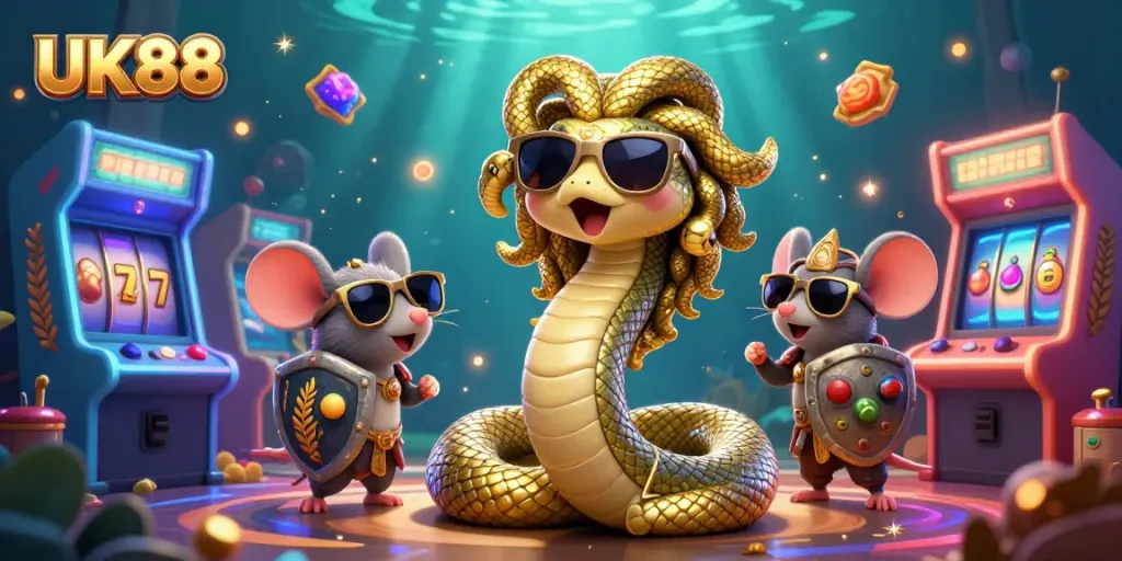 Experience excitement at UK88 with Medusa and a courageous mouse in a vibrant gaming scene.