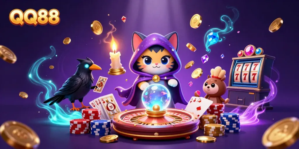 Experience thrilling gambling at QQ88 with mystic characters and casino elements in this vibrant illustration.