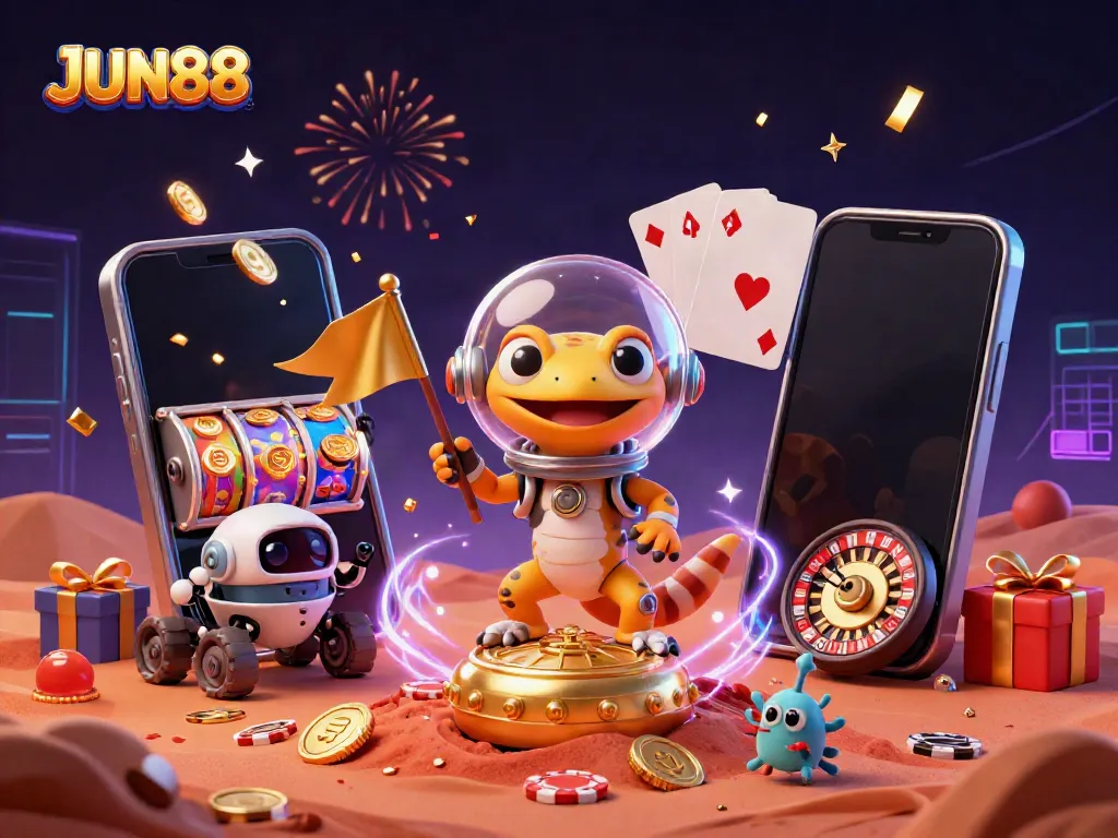 Experience thrilling gameplay at JUN88 casino under a vibrant Martian scene with a gecko and robot explorer.