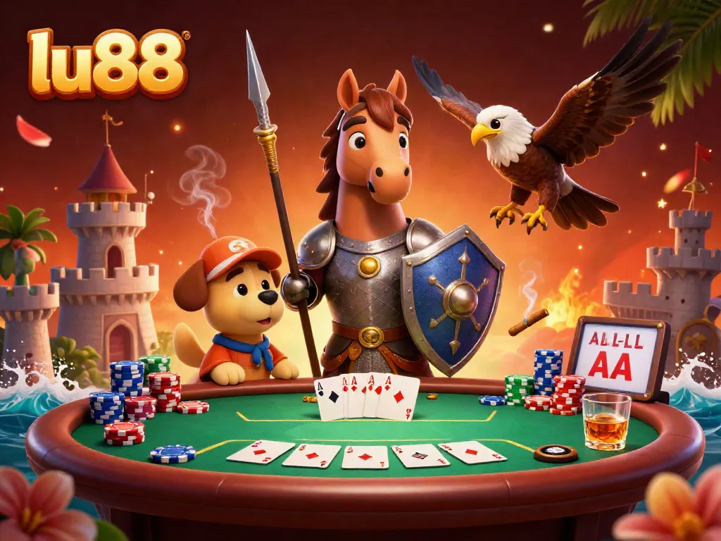 Experience thrilling poker action with the LU88 characters at a vibrant game table showcasing colorful chips and cards.