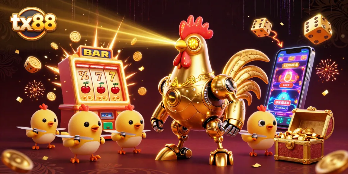 Experience thrilling wins with tx88 via a golden rooster robot amid exciting casino elements.