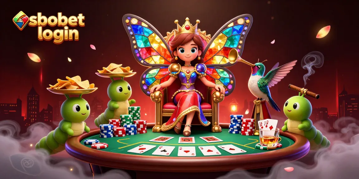 Engage with sbobet login in this vibrant gambling-themed illustration featuring a butterfly queen and poker elements.