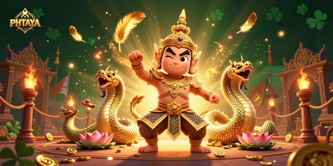 PHTAYA's 3D cartoon Thai temple guardian with Naga serpents and betting tokens in an engaging casino scene.