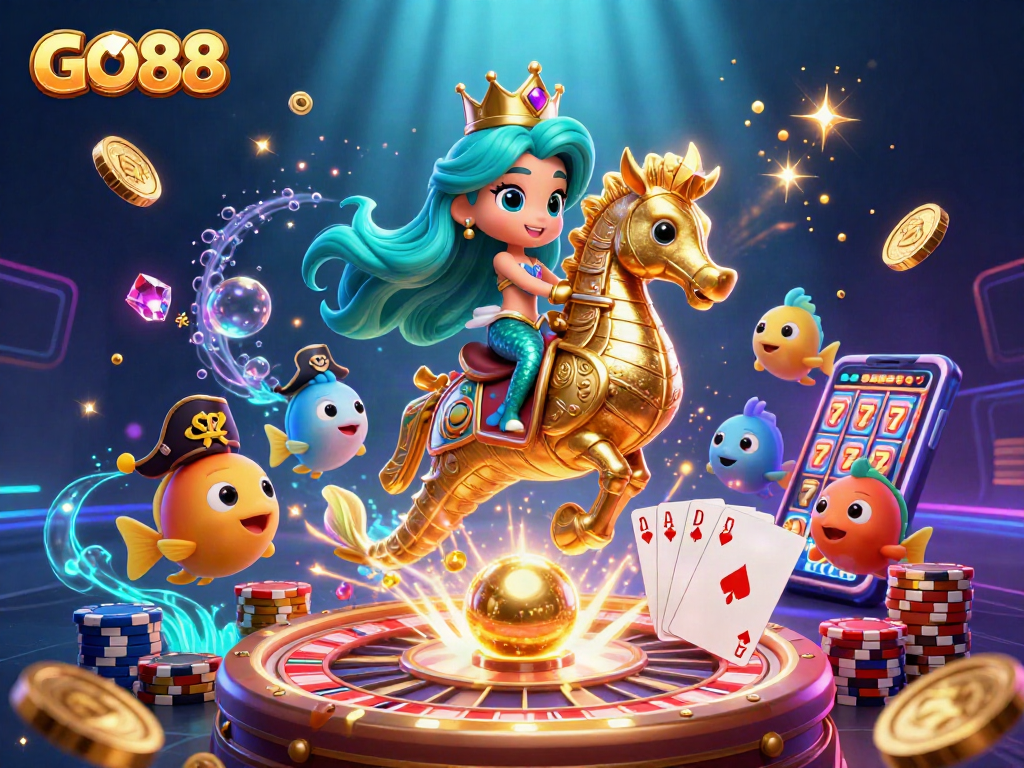 Experience the thrill of GO88 with a vibrant 3D scene of immersive casino action.