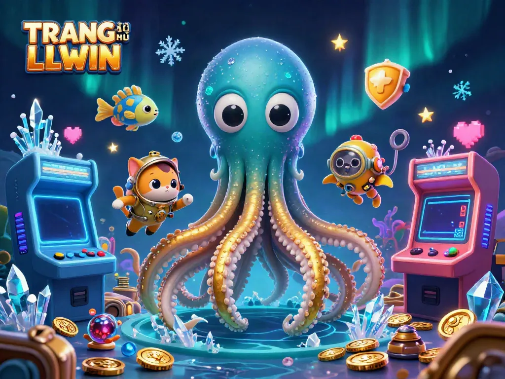 Engage in gaming with TRANG CHỦ LLWIN, featuring a colossal kraken and vibrant arcade machines.