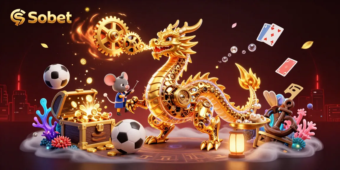 Engage with Sbobet sports betting through a whimsical 3D illustration featuring a golden dragon, sports elements, and dynamic treasures.
