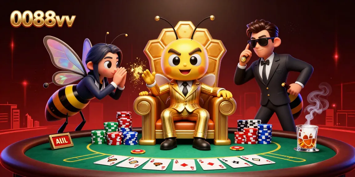 Win big at 0088vv with a vibrant scene depicting a cartoon bumblebee mob boss orchestrating a thrilling poker game.