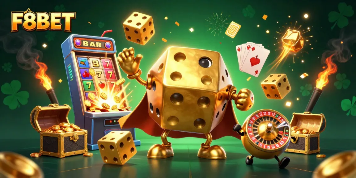 F8BET engages players with a thrilling 3D illustration of golden dice and casino elements