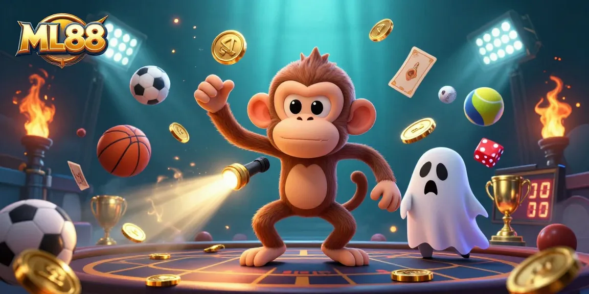 ML88's vibrant casino scene features a ghost-hunter puppy tracking an invisible monkey juggling gold.