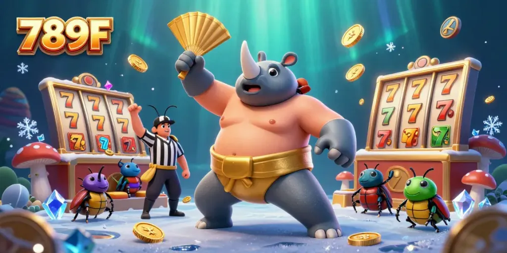 Experience thrilling wins with 789F's vibrant casino action featuring a beetle champion and golden coins.