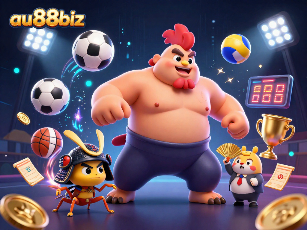 Experience winning thrills with au88biz as the sumo rooster stomps triumphantly while cricket and tanuki cheer.