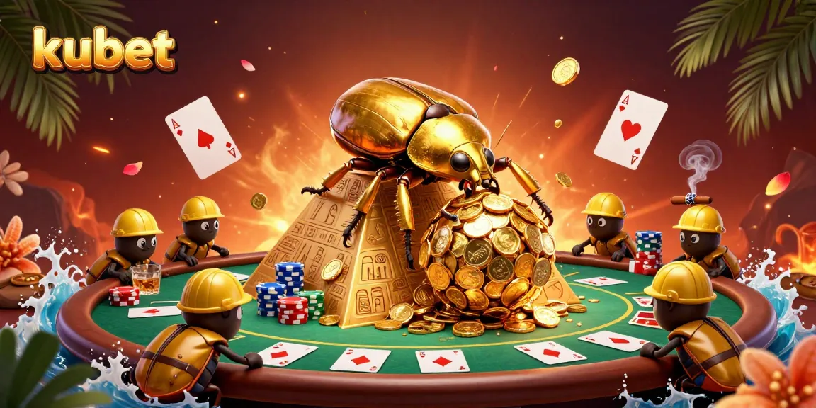 Play exciting games at kubet while a golden dung beetle rolls coins atop a pyramid in a vibrant casino.