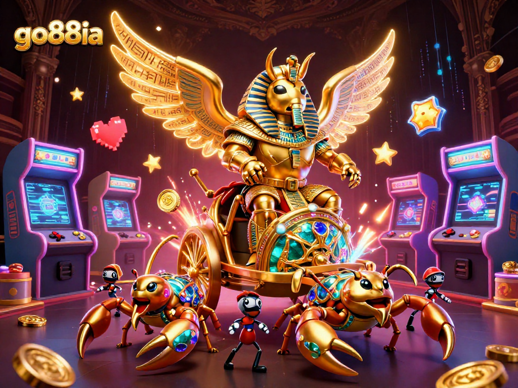 Experience the excitement of go88ia with a vibrant gaming scene featuring a golden scarab beetle and arcade machines.