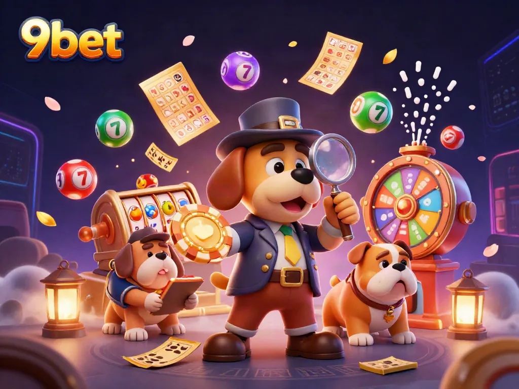 Win big with 9bet as a detective analyzes clues in a vibrant casino setting.
