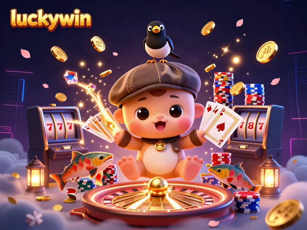 Join the fun at luckywin with a lively 3D scene featuring playful characters and vibrant casino elements.