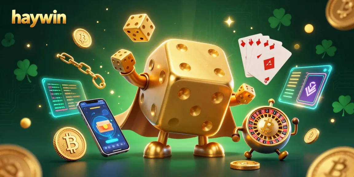 Experience thrilling gameplay with haywin's dynamic 3D casino illustration featuring golden dice and vibrant crypto elements.