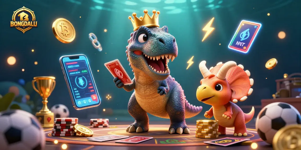 BONGDALU sports betting scene with friendly dinosaurs shuffling cards and stacking chips
