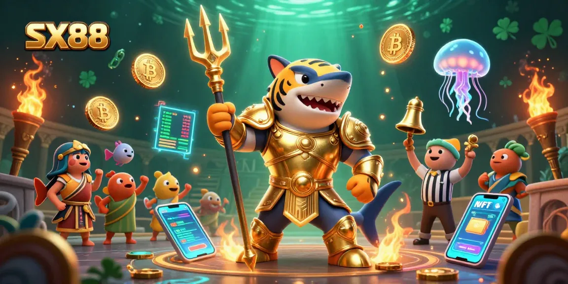 SX88 players strategizing over a vibrant gaming adventure with a shark warrior in an online casino