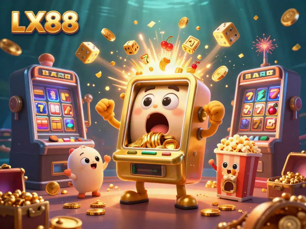 Experience the excitement at LX88 with a lively jackpot scene featuring a golden slot machine, cheering mini slots, and exploding coins.