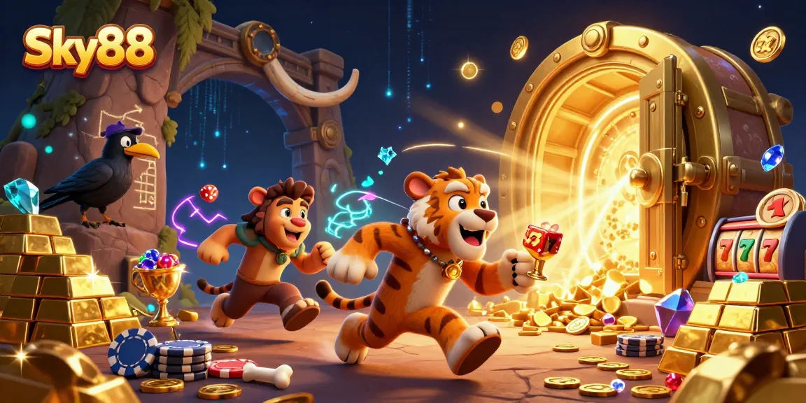 Sky88's prehistoric casino with a caveman duo, treasure vaults, and slot elements sparkling brilliantly.