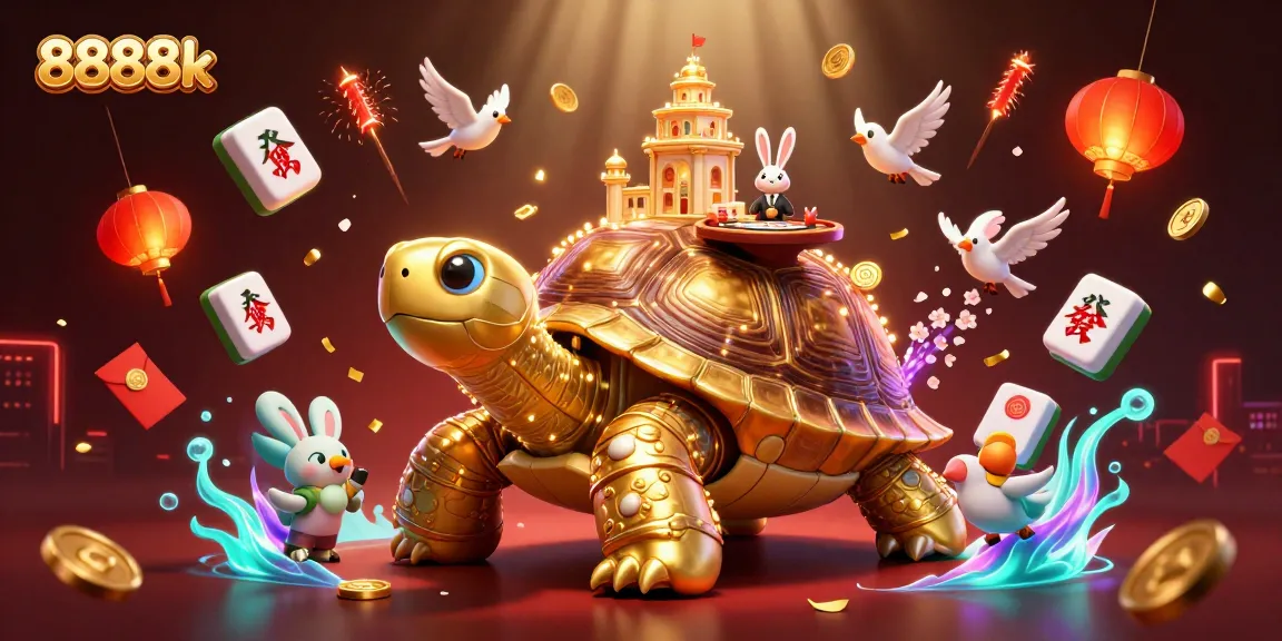 Experience thrilling gaming action on 8888k with a golden tortoise casino scene and lively dealer!