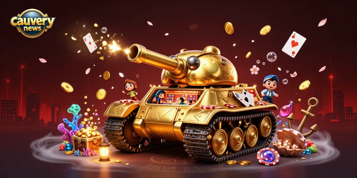 Cauverynews showcases a thrilling 3D casino adventure where a giant golden beetle tank reveals a miniature casino with confetti and coins.
