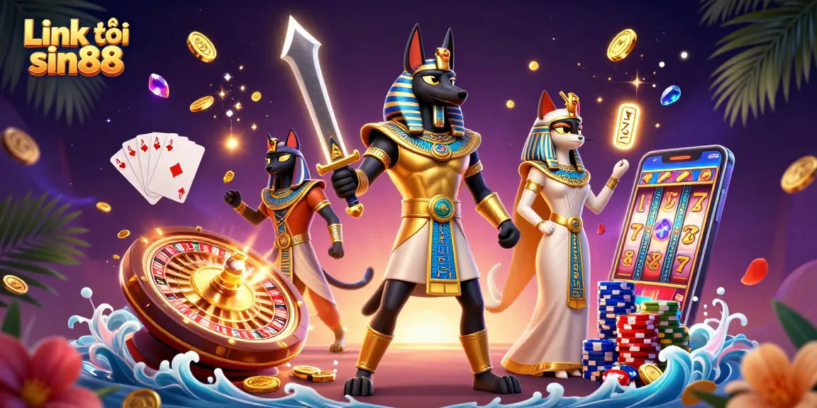 Engage with Link vào sin88 in a vibrant 3D casino scene featuring Anubis and Bastet.