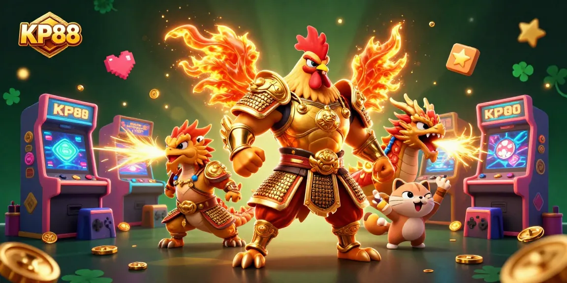 Experience thrilling gameplay at KP88 with dynamic fighting rooster and dragon illustrations in a vibrant casino setting.