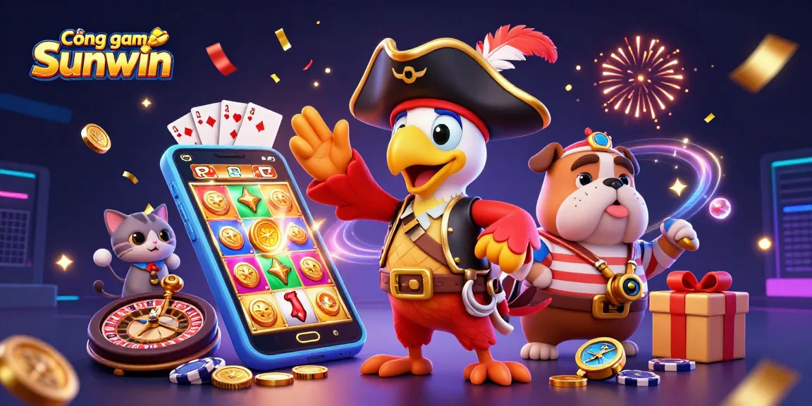 Cổng game Sunwin showcases a vibrant casino-themed illustration featuring dynamic characters and interactive gaming elements.