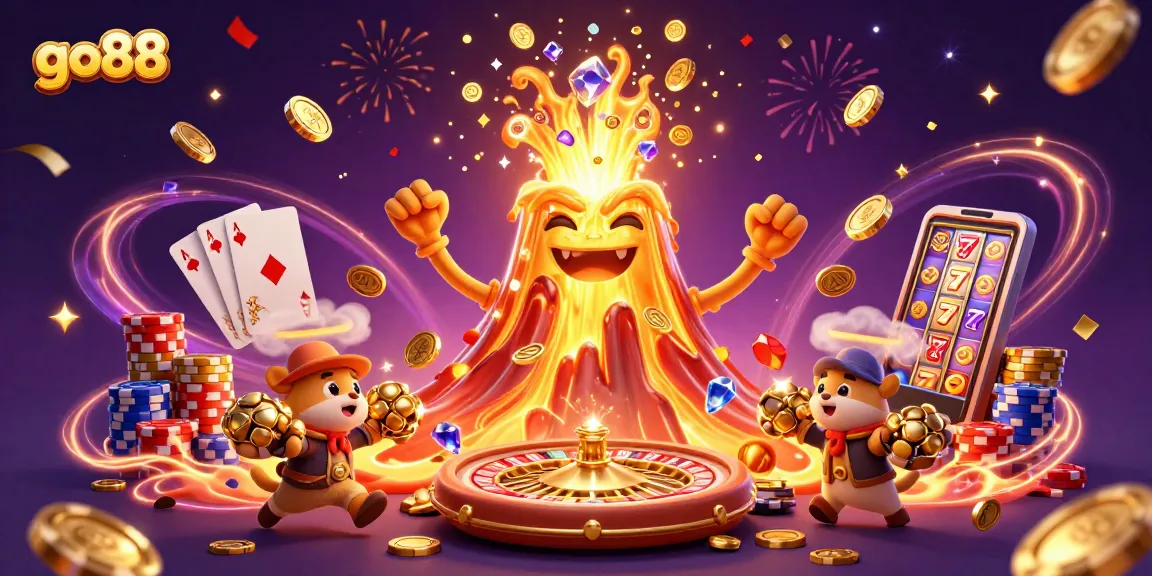go88 casino adventure featuring a golden volcano erupting with treasure and excitement